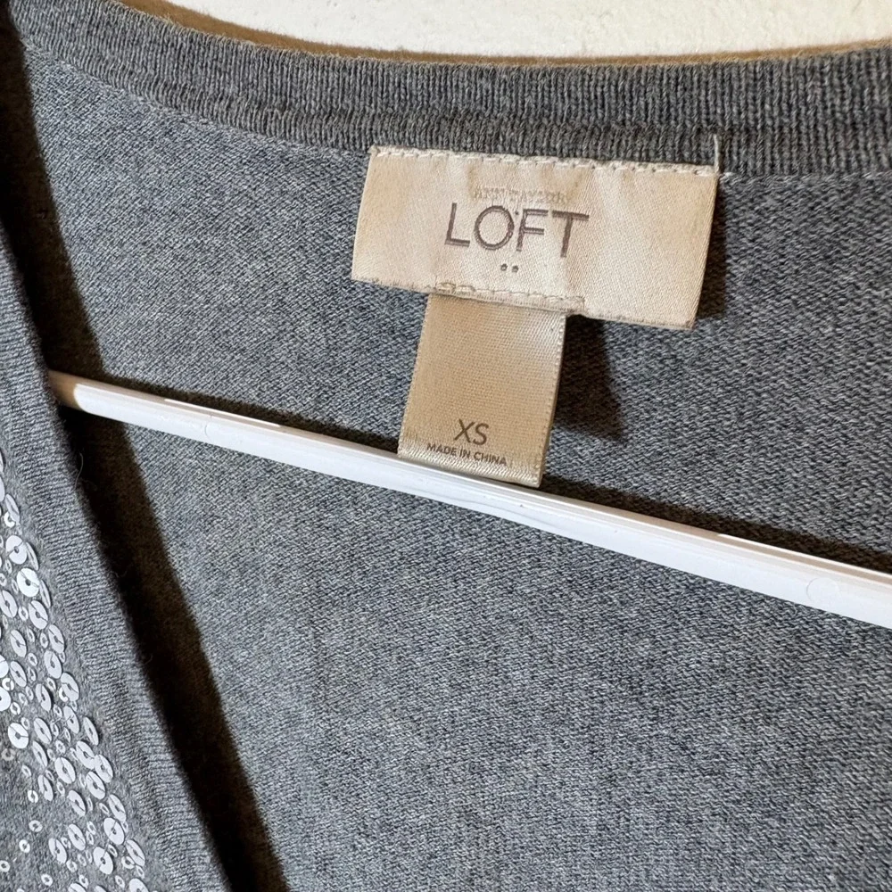LOFT Gray Sequin Embellished Cardigan Sweater V Neck Button Front Extra Small XS
